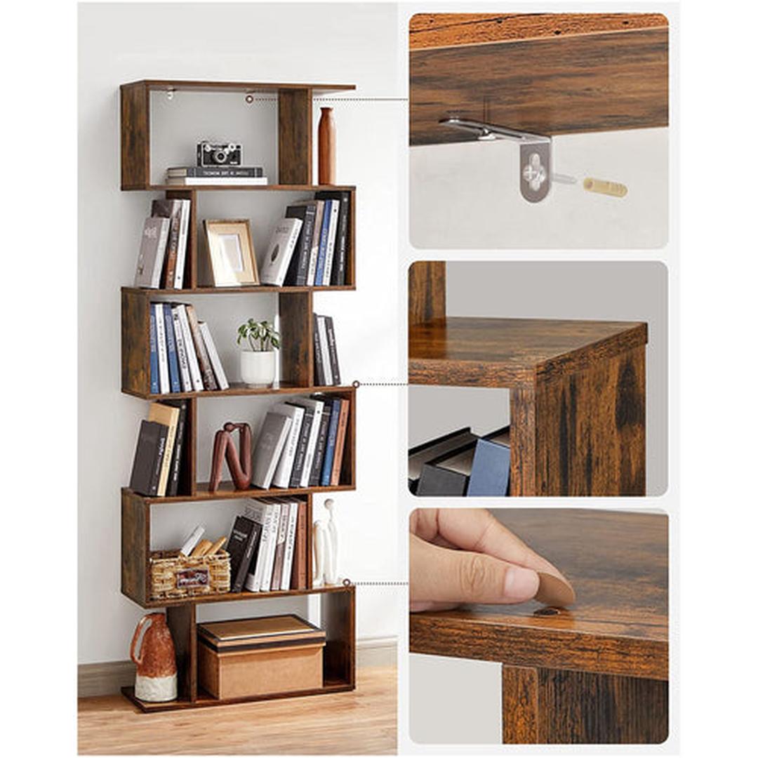 Vrijstaande Open Boekenkast met 6 Niveaus – Decoratieve Opbergkast in Vintage Donkerbruin