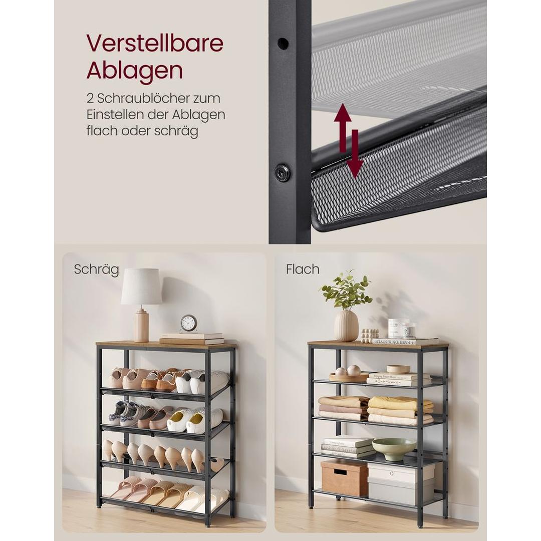 Industriële Schoenenkast met 5 Opbergniveaus – Open Schoenenrek voor Hal, Slaapkamer of Garderobe