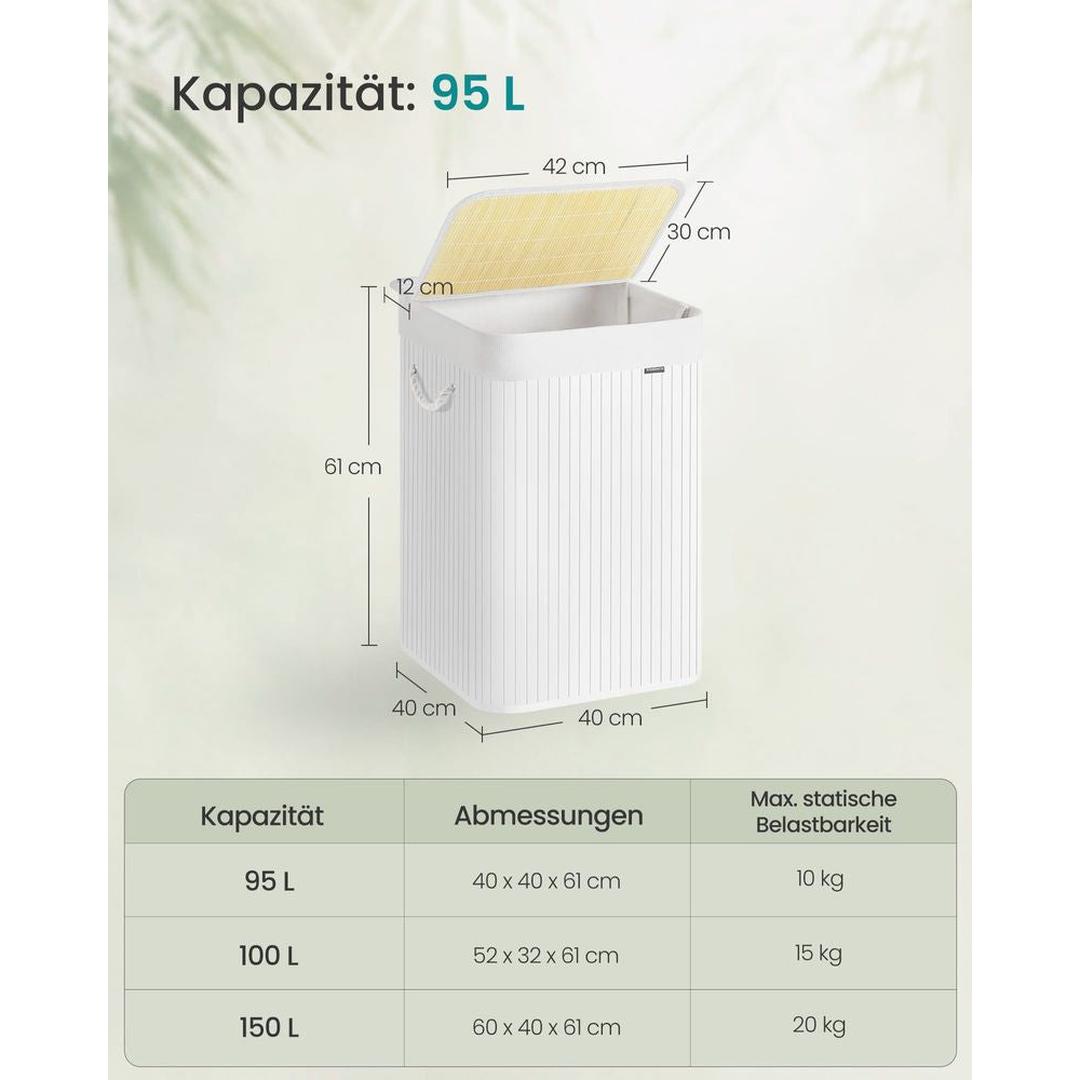 Bamboe Wasmand met Deksel – Opvouwbare Wasbox van 95 L met Uitneembare Waszak