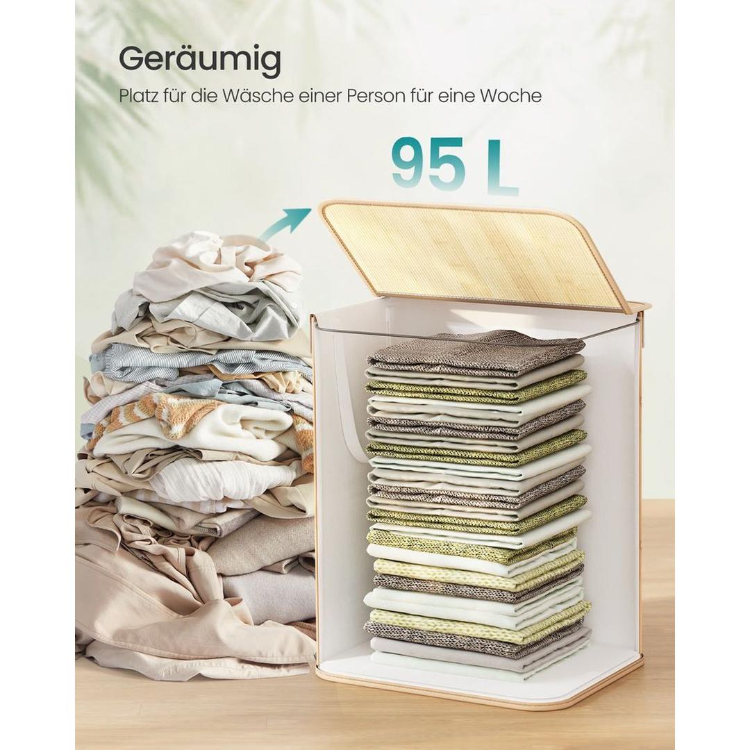 Bamboe Wasmand met Deksel – Opvouwbare Wasbox van 95 L met Uitneembare Waszak