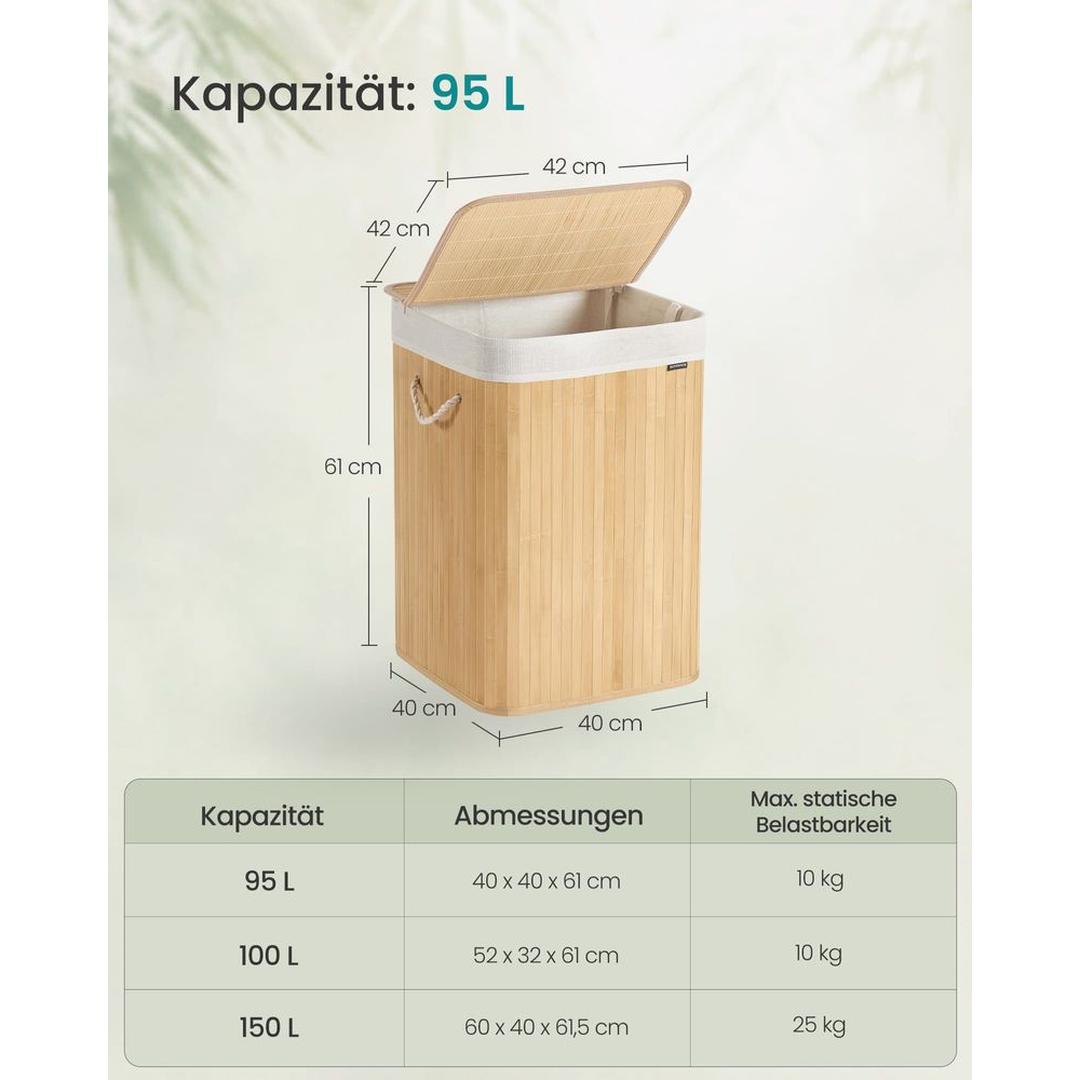 Bamboe Wasmand met Deksel – Opvouwbare Wasbox van 95 L met Uitneembare Waszak