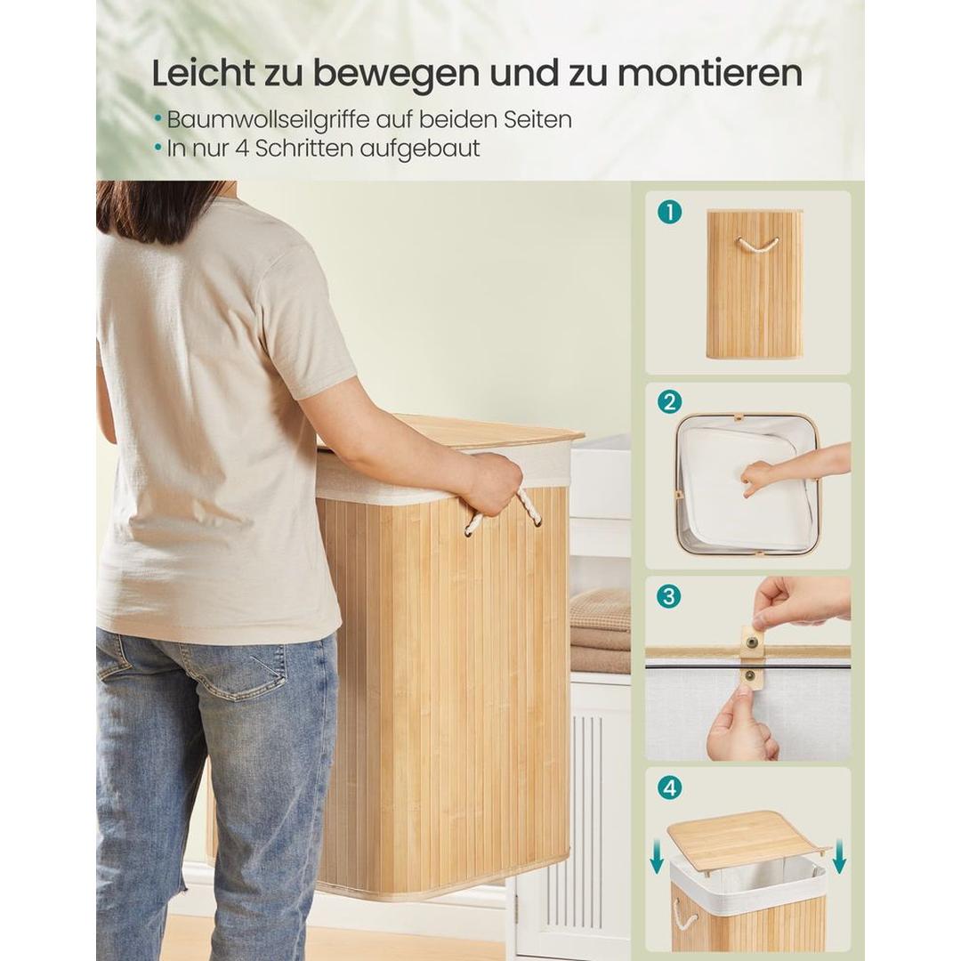 Bamboe Wasmand met Deksel – Opvouwbare Wasbox van 95 L met Uitneembare Waszak