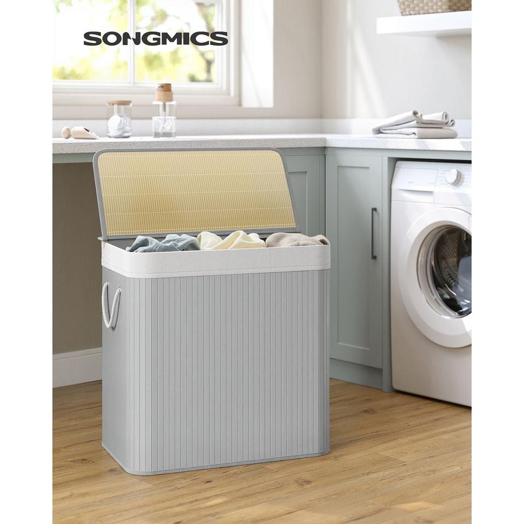 Bamboe Wasmand met Deksel – 3-Vaks Wasbox van 150 L, Opvouwbaar met Handgrepen