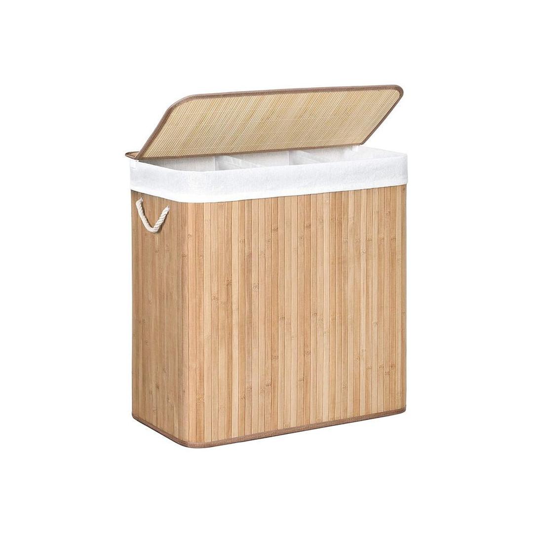 Bamboe Wasmand met Deksel – 3-Vaks Wasbox van 150 L, Opvouwbaar met Handgrepen