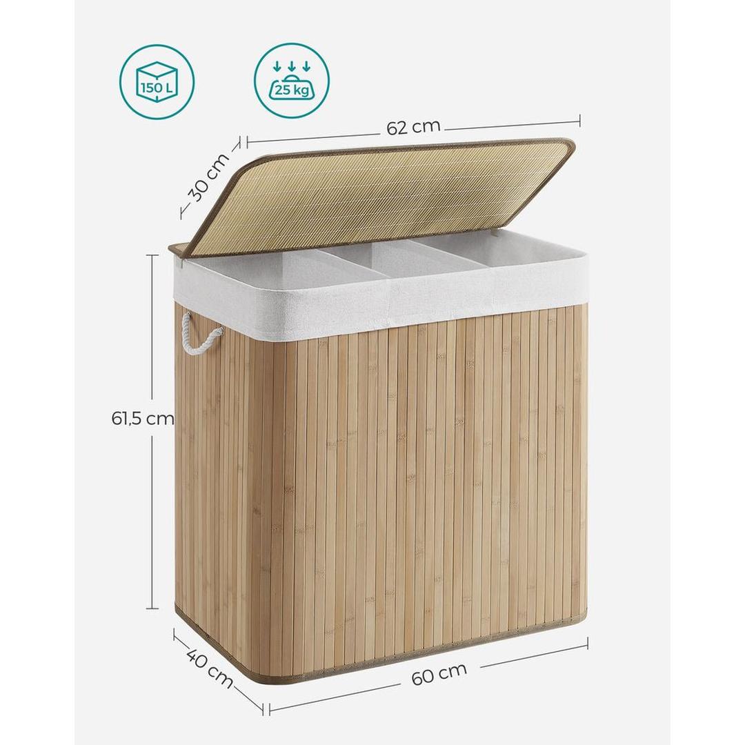 Bamboe Wasmand met Deksel – 3-Vaks Wasbox van 150 L, Opvouwbaar met Handgrepen