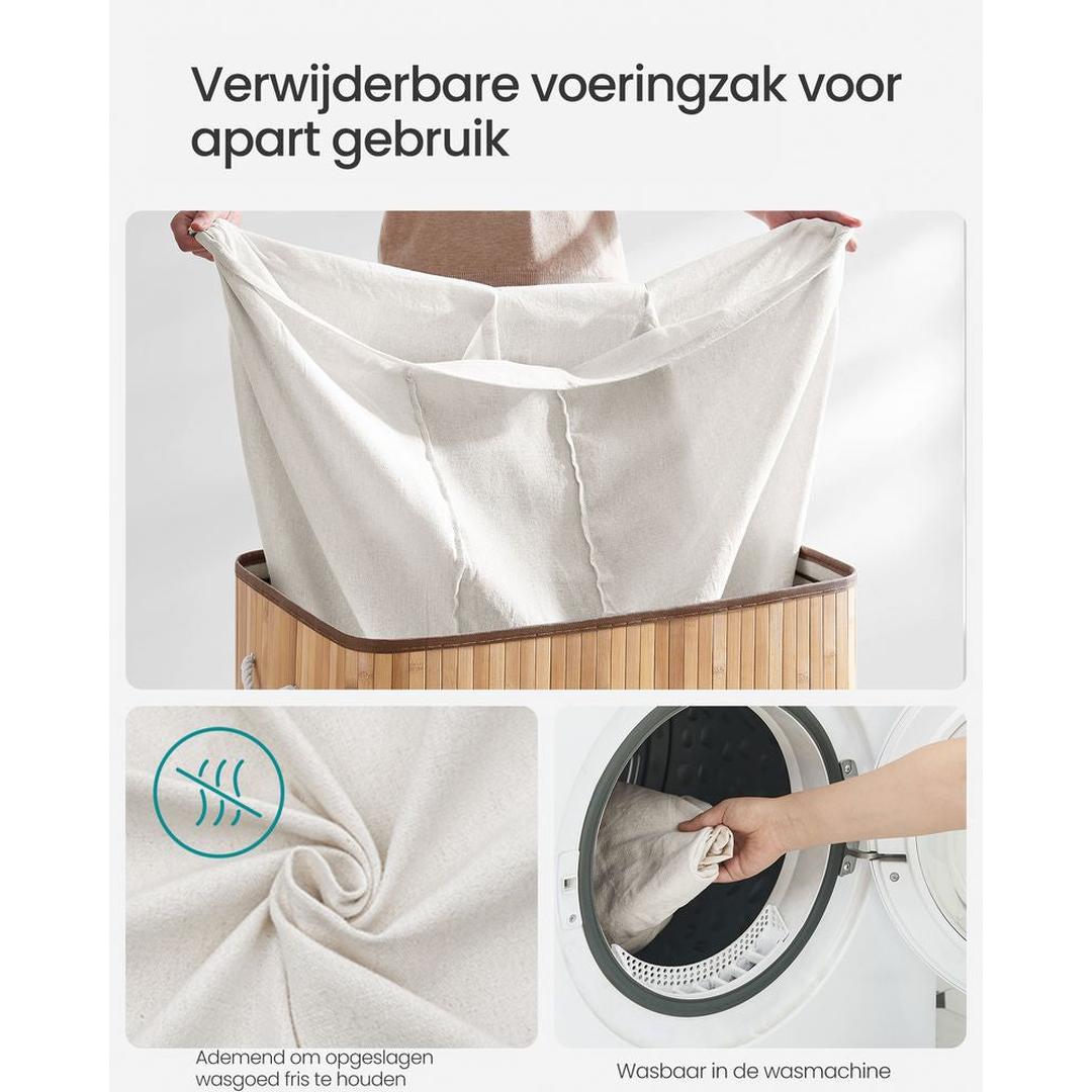 Bamboe Wasmand met Deksel – 3-Vaks Wasbox van 150 L, Opvouwbaar met Handgrepen