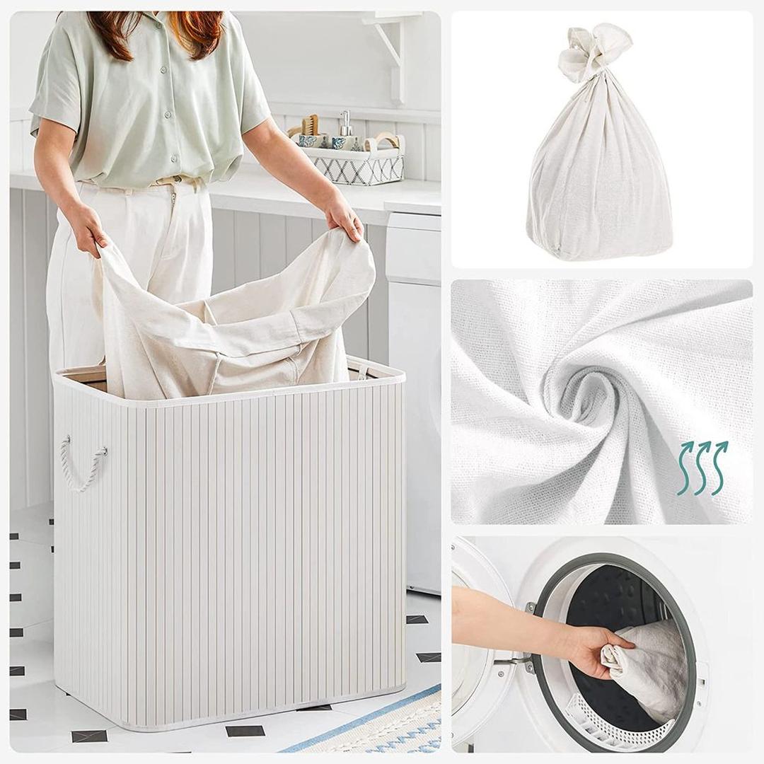 Bamboe Wasmand met Deksel – 3-Vaks Wasbox van 150 L, Opvouwbaar met Handgrepen