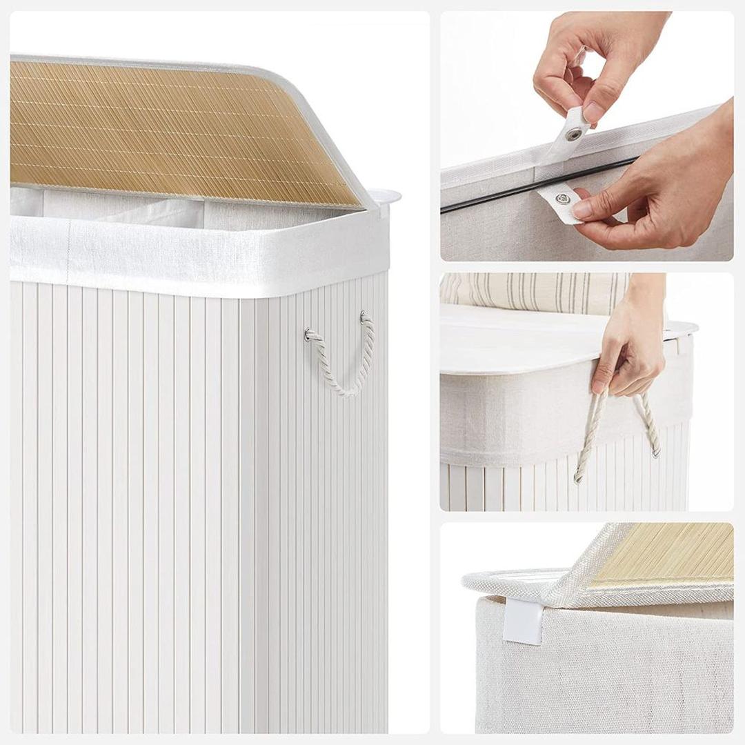 Bamboe Wasmand met Deksel – 3-Vaks Wasbox van 150 L, Opvouwbaar met Handgrepen