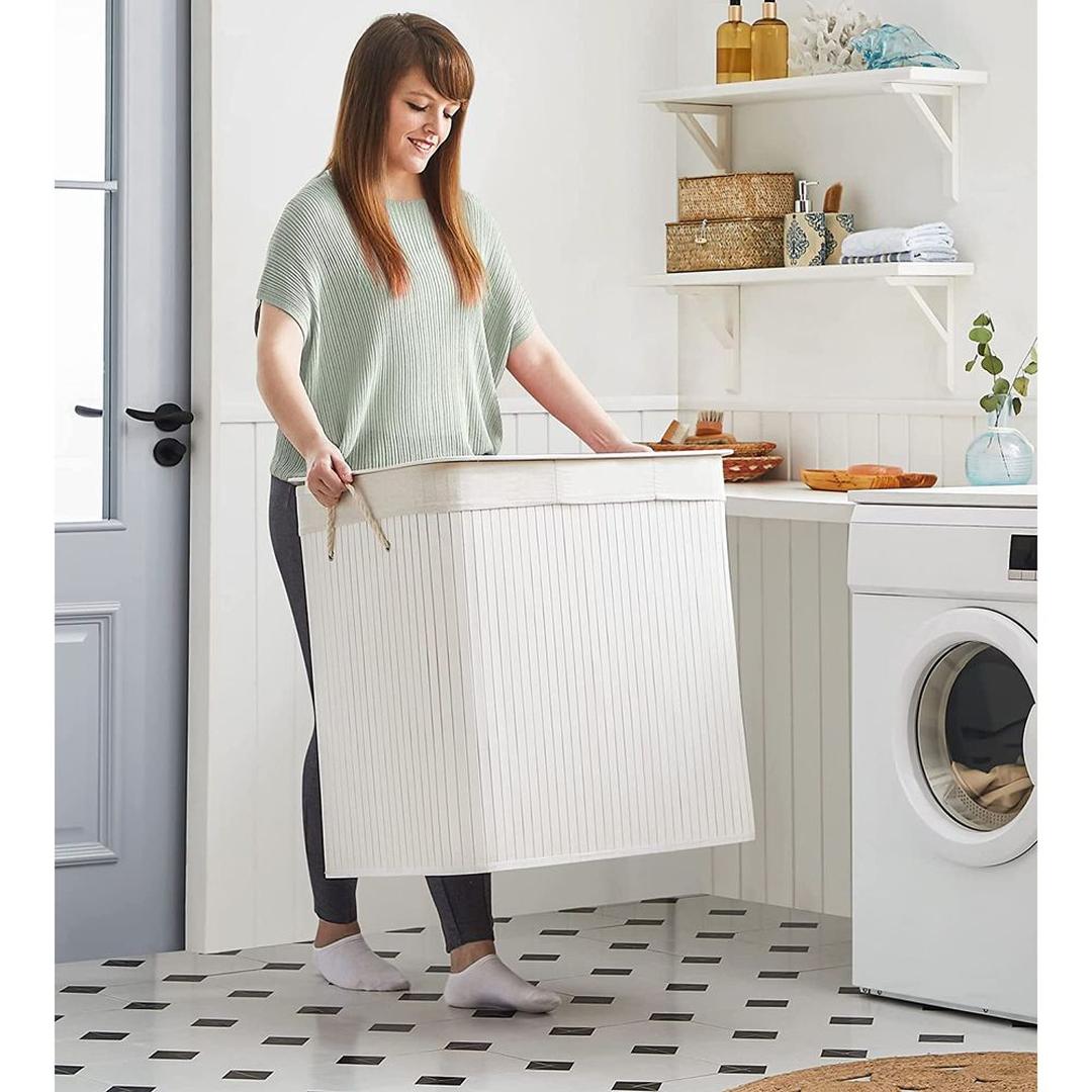 Bamboe Wasmand met Deksel – 3-Vaks Wasbox van 150 L, Opvouwbaar met Handgrepen