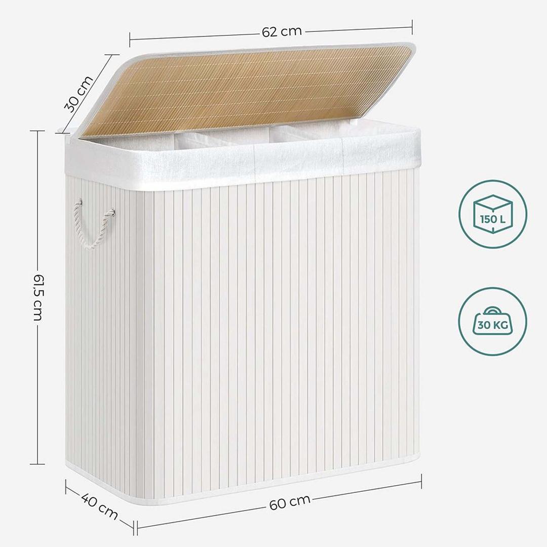Bamboe Wasmand met Deksel – 3-Vaks Wasbox van 150 L, Opvouwbaar met Handgrepen