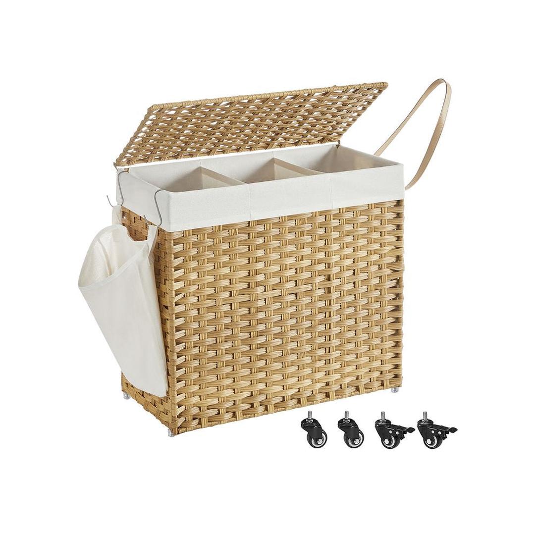 Wasmand met Afneembare Deksel – 3-Vaks Wasbox met Wielen, Uitneembare Waszak en een inhoud van 140L en 160L
