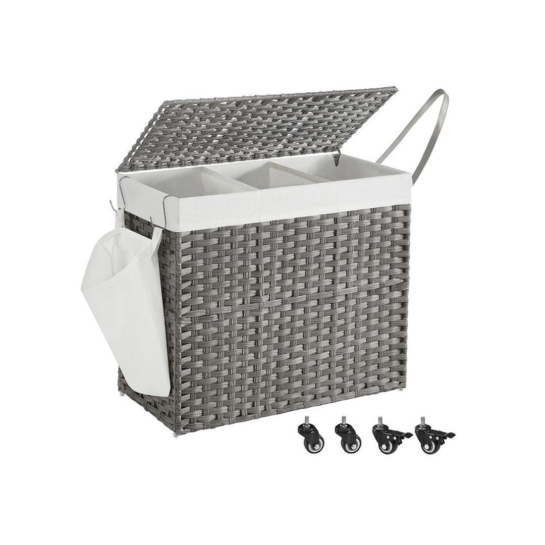 Wasmand met Afneembare Deksel – 3-Vaks Wasbox met Wielen, Uitneembare Waszak en een inhoud van 140L en 160L