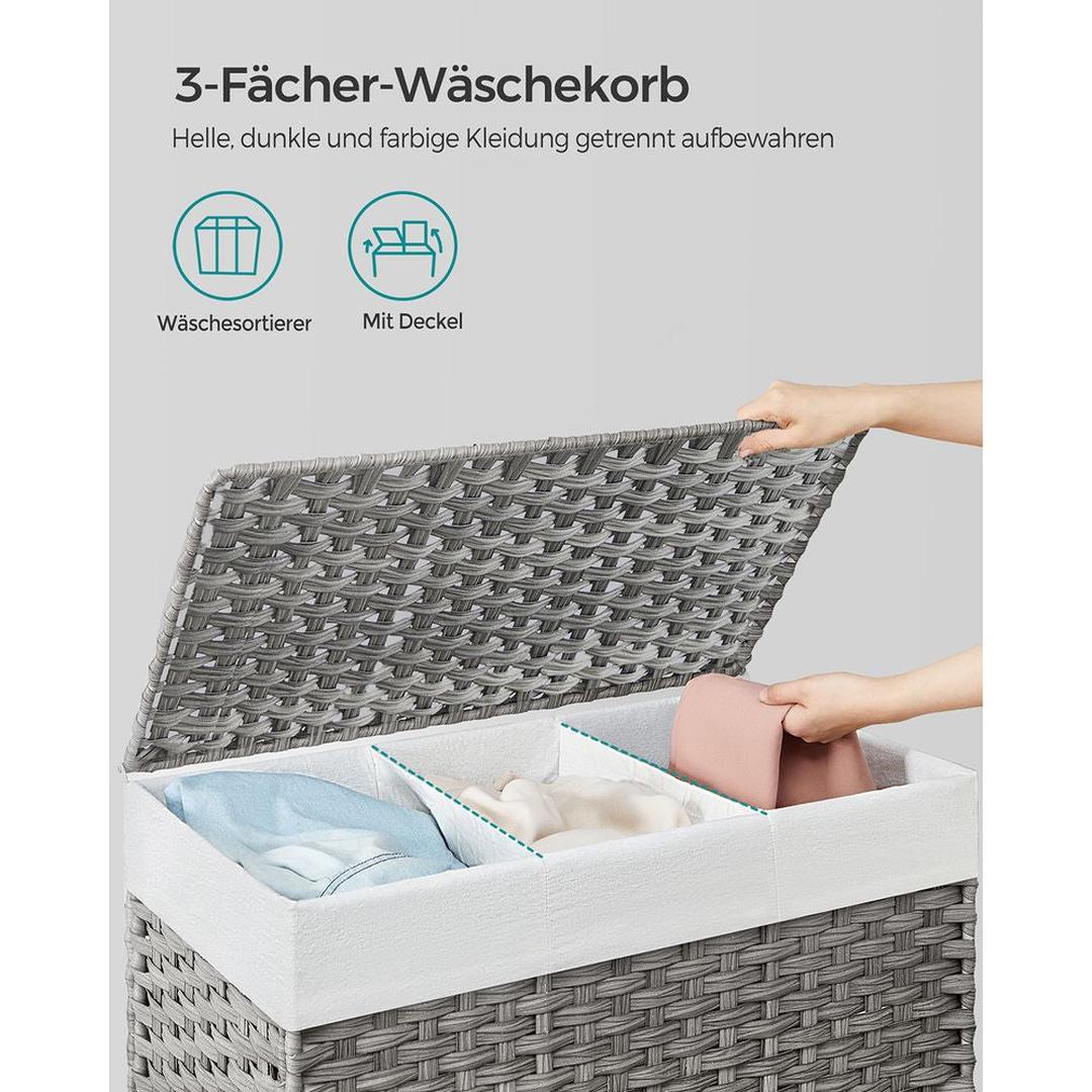 Wasmand met Afneembare Deksel – 3-Vaks Wasbox met Wielen, Uitneembare Waszak en een inhoud van 140L en 160L