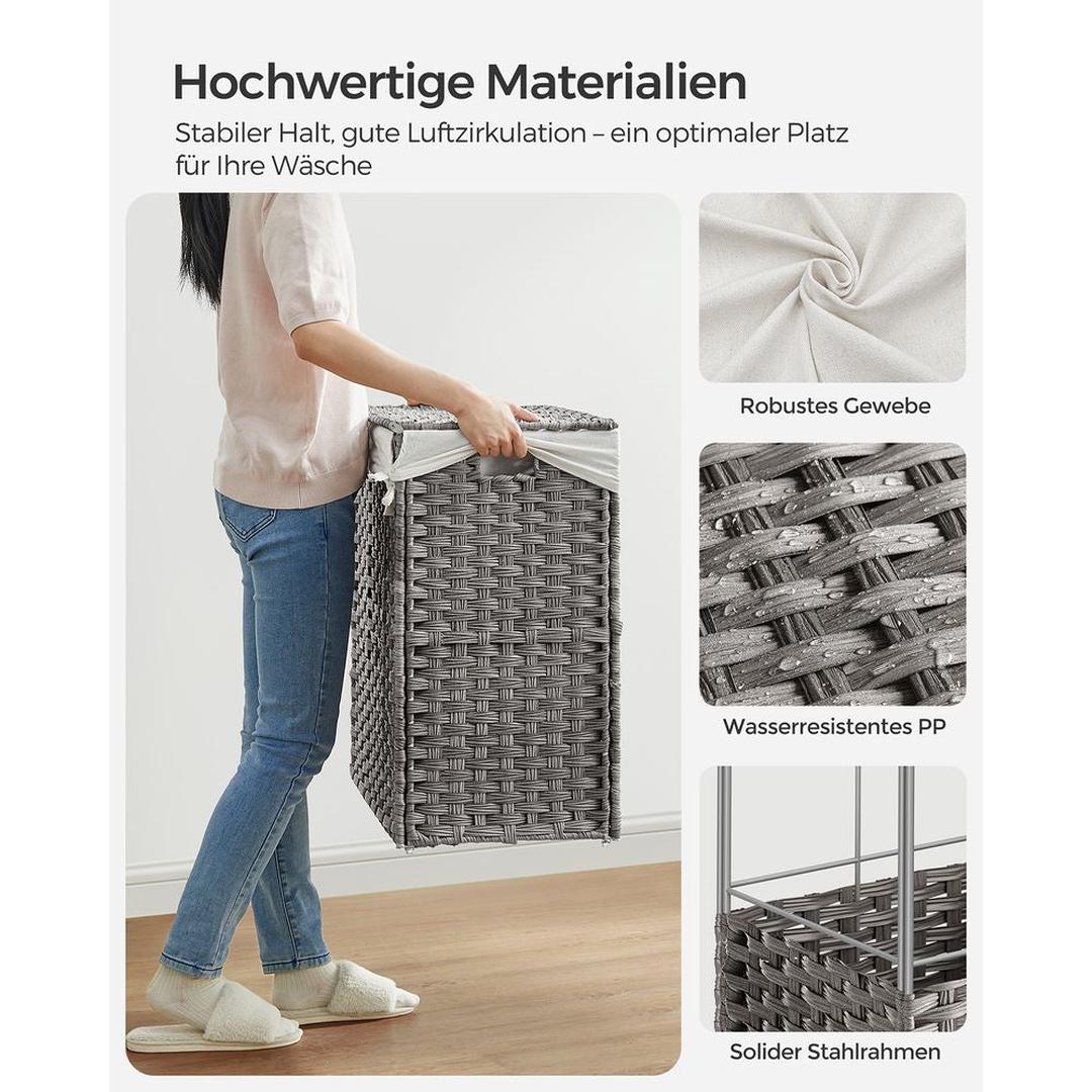 Wasmand met Afneembare Deksel – 3-Vaks Wasbox met Wielen, Uitneembare Waszak en een inhoud van 140L en 160L