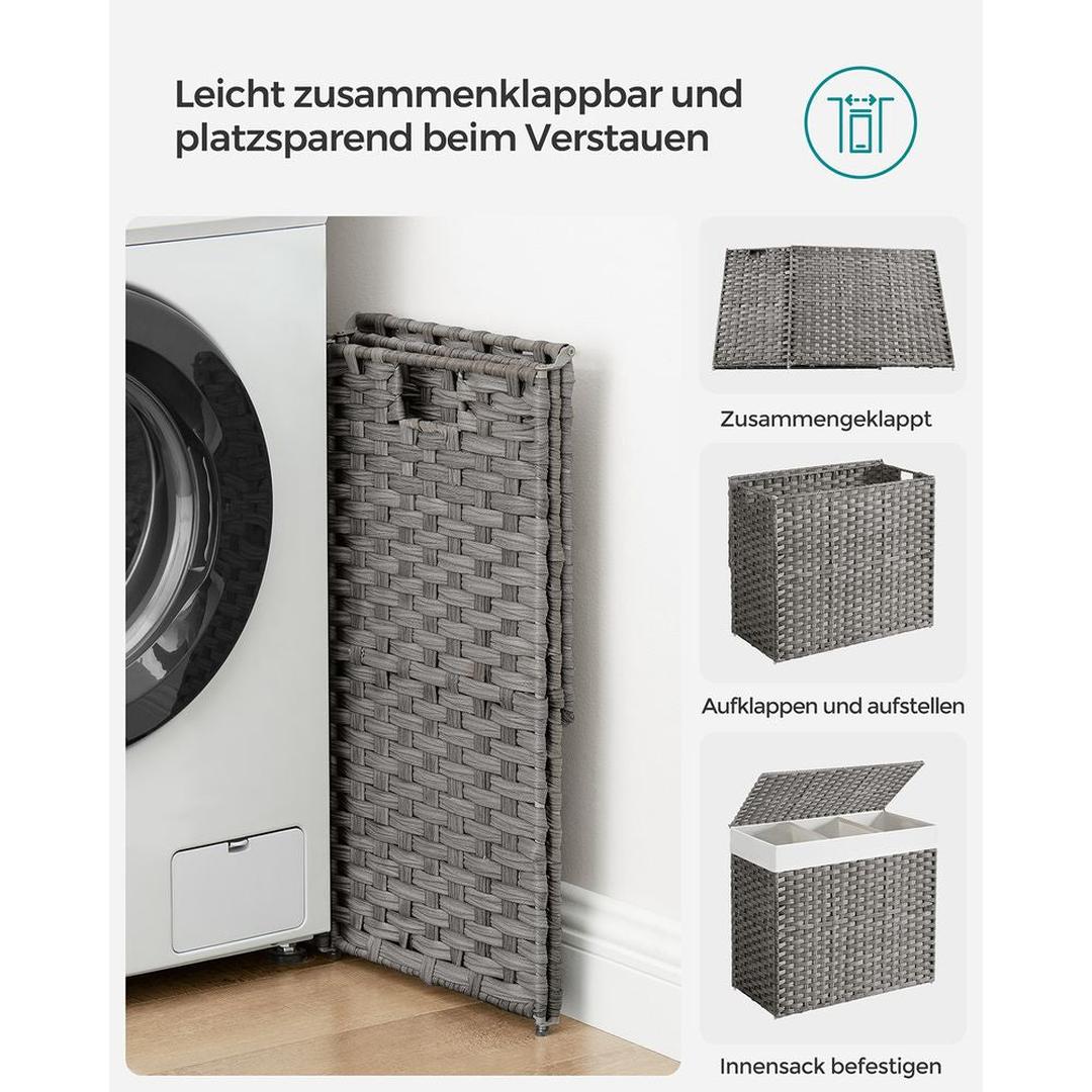 Wasmand met Afneembare Deksel – 3-Vaks Wasbox met Wielen, Uitneembare Waszak en een inhoud van 140L en 160L