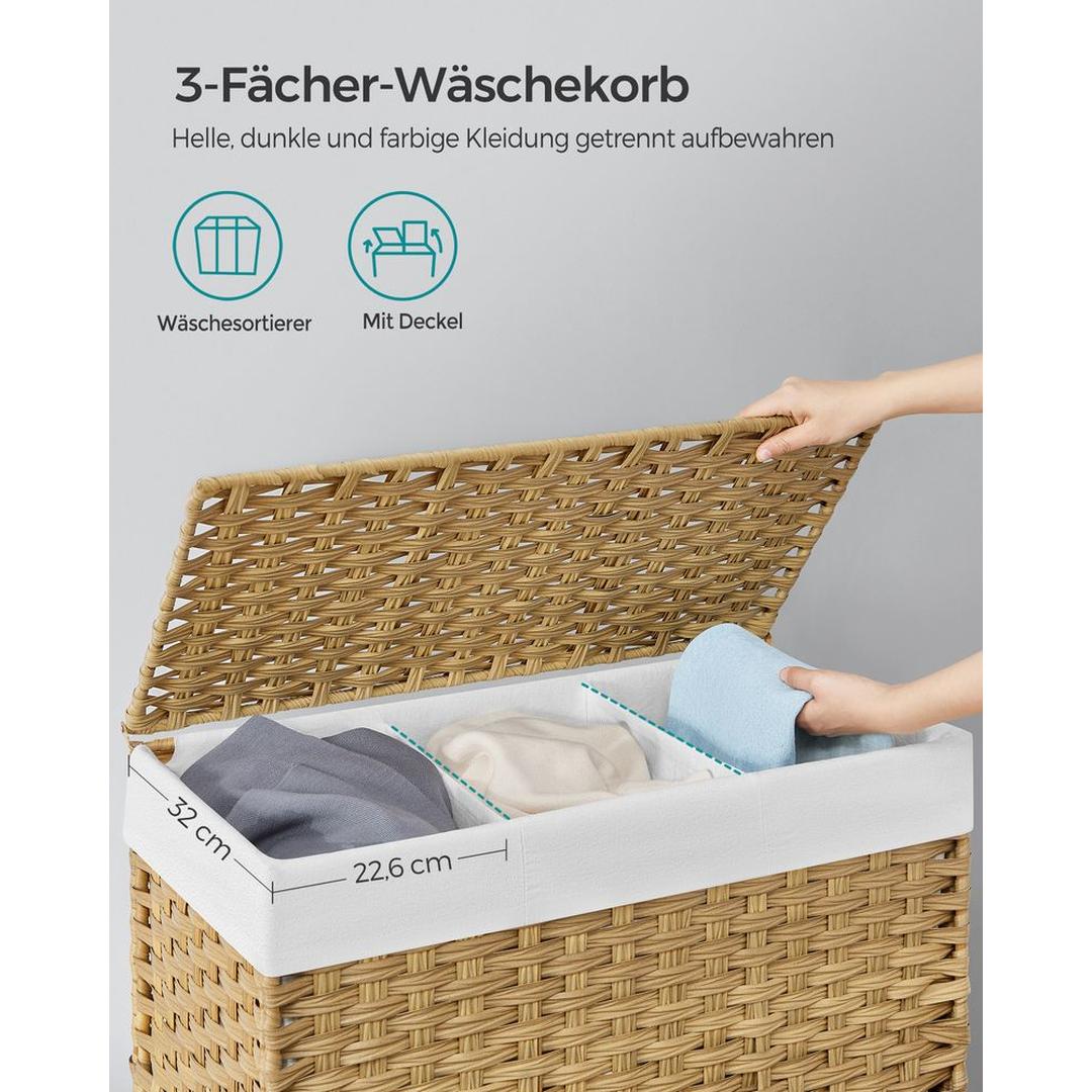 Wasmand met Afneembare Deksel – 3-Vaks Wasbox met Wielen, Uitneembare Waszak en een inhoud van 140L en 160L