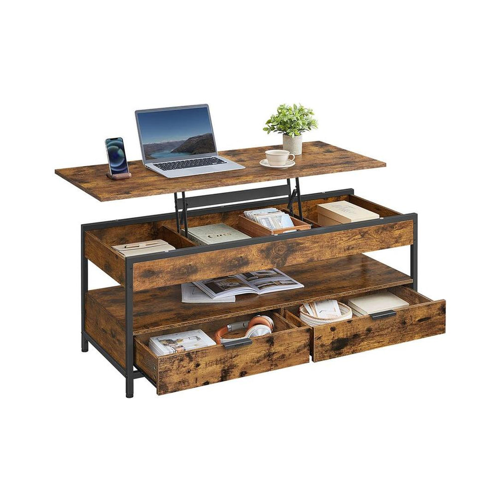Industrieel verstelbare salontafel met lift-top – 120 x 50 cm – met lades en verborgen opbergruimte