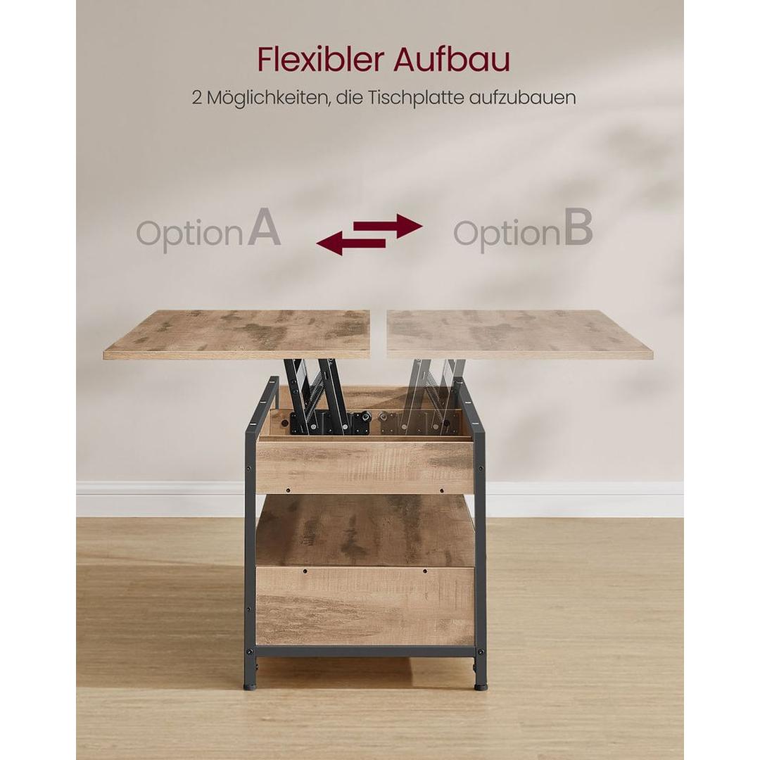 Verstelbare Salontafel met Liftblad – 120 × 50 cm – Industriële Stijl – Met Lades en Extra Opbergruimte