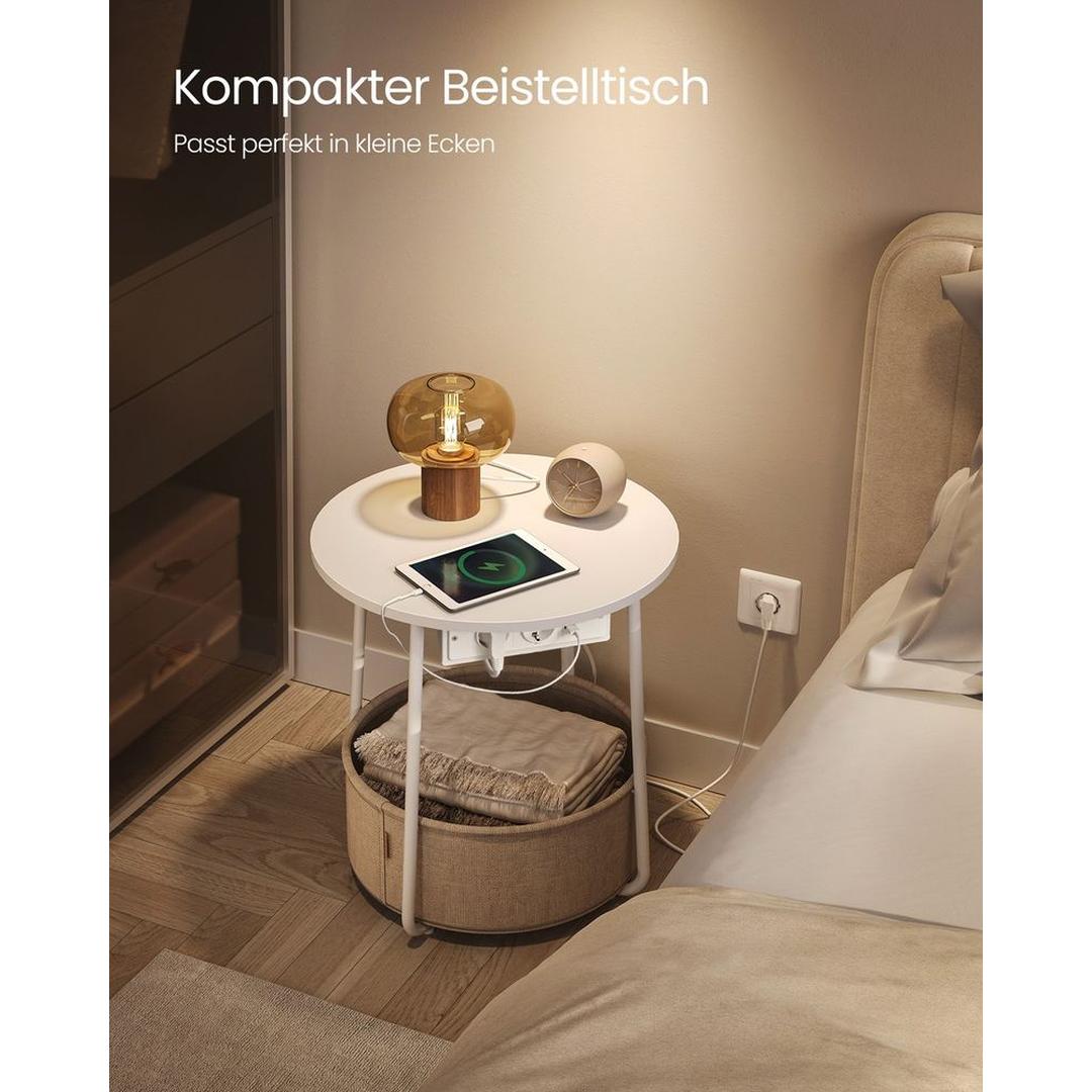 Ronde Bijzettafel met Oplaadfunctie – Bijzettafel met Opbergmand, Stopcontacten en USB-poorten, Ø 45 × 50 cm