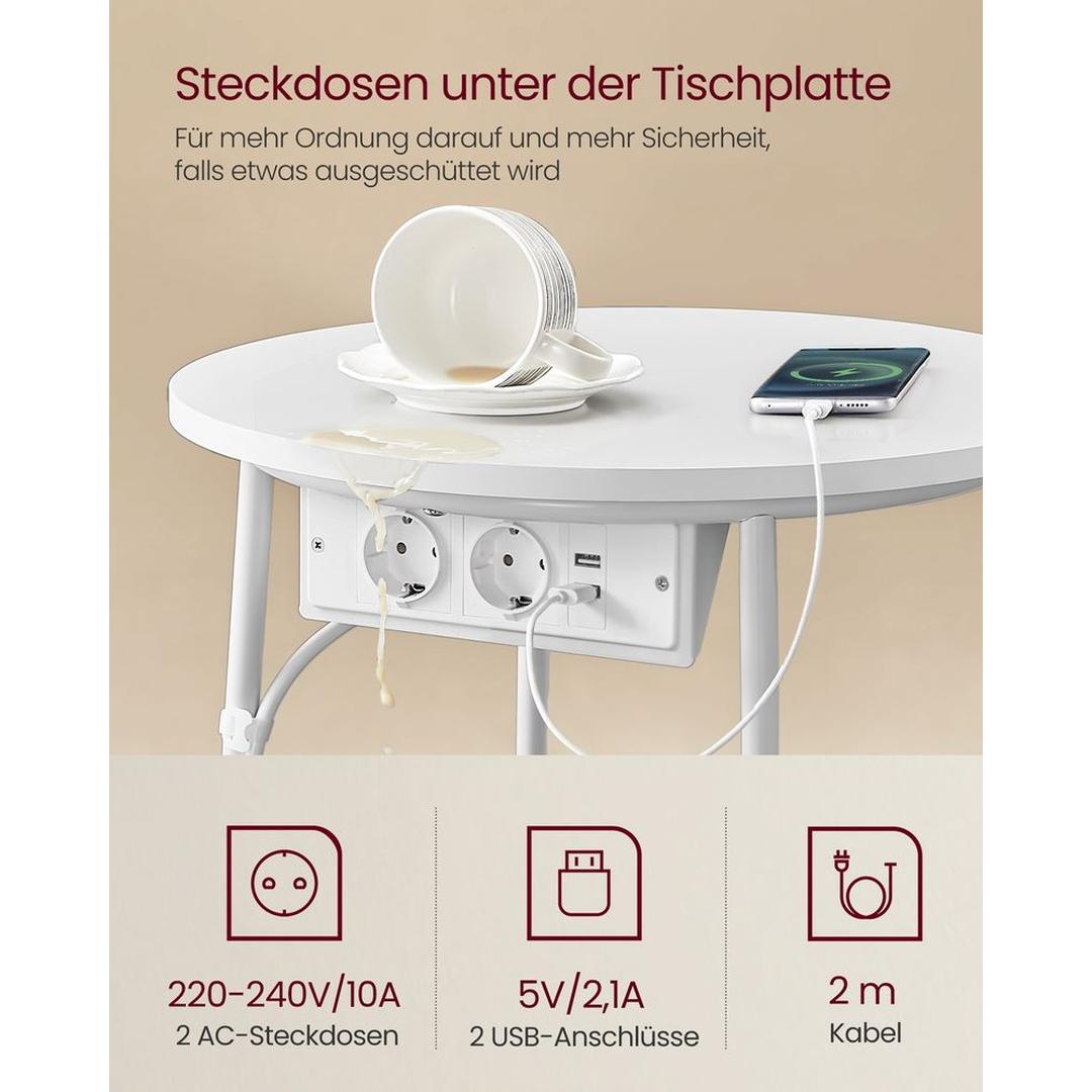 Ronde Bijzettafel met Oplaadfunctie – Bijzettafel met Opbergmand, Stopcontacten en USB-poorten, Ø 45 × 50 cm