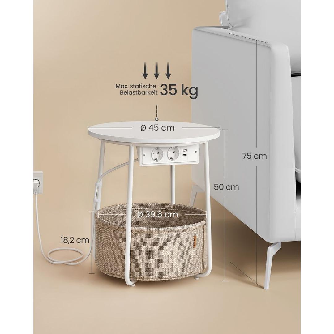 Ronde Bijzettafel met Oplaadfunctie – Bijzettafel met Opbergmand, Stopcontacten en USB-poorten, Ø 45 × 50 cm