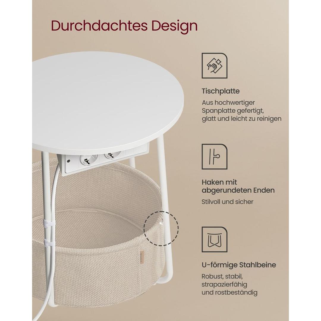 Ronde Bijzettafel met Oplaadfunctie – Bijzettafel met Opbergmand, Stopcontacten en USB-poorten, Ø 45 × 50 cm