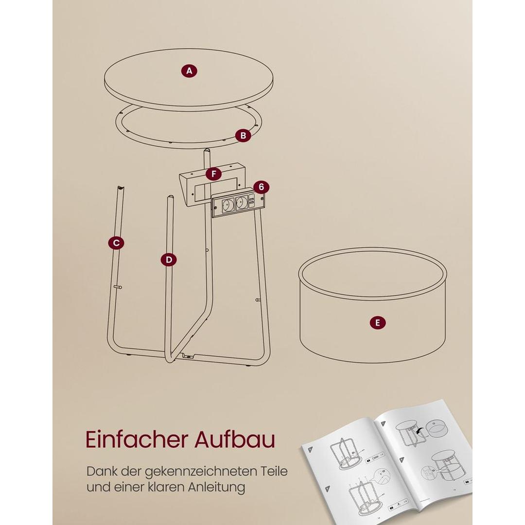 Ronde Bijzettafel met Oplaadfunctie – Bijzettafel met Opbergmand, Stopcontacten en USB-poorten, Ø 45 × 50 cm