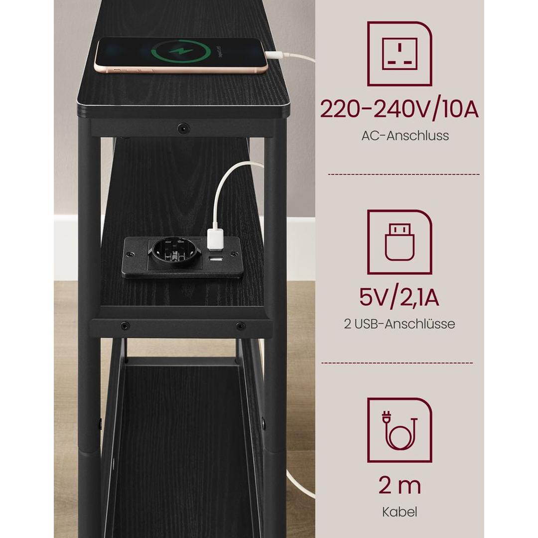Smalle Bijzettafel met 3 Legplanken – Nachtkastje met Stopcontact en USB-poorten, 18 × 45 × 58 cm