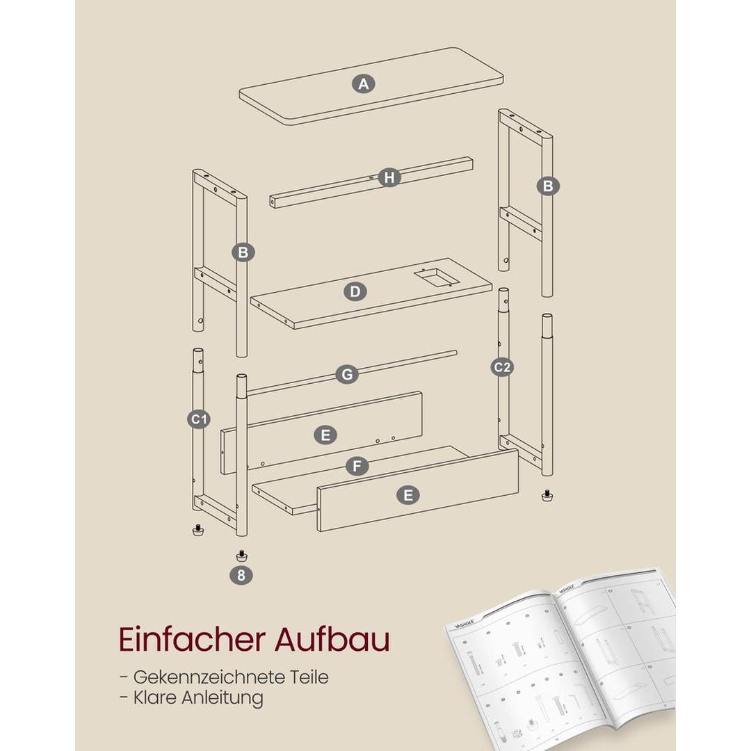 Smalle Bijzettafel met 3 Legplanken – Nachtkastje met Stopcontact en USB-poorten, 18 × 45 × 58 cm