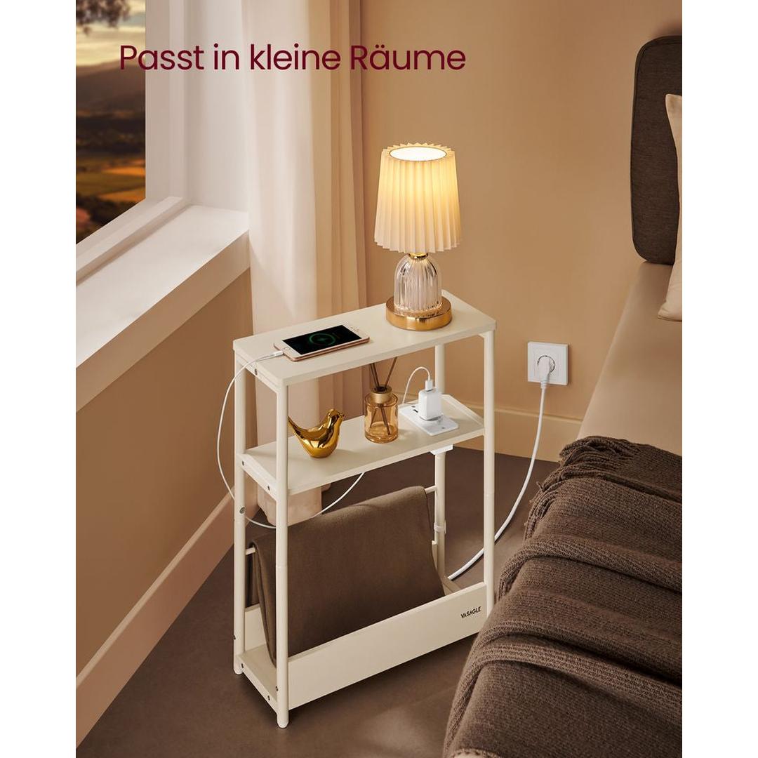 Smalle Bijzettafel met 3 Legplanken – Nachtkastje met Stopcontact en USB-poorten, 18 × 45 × 58 cm