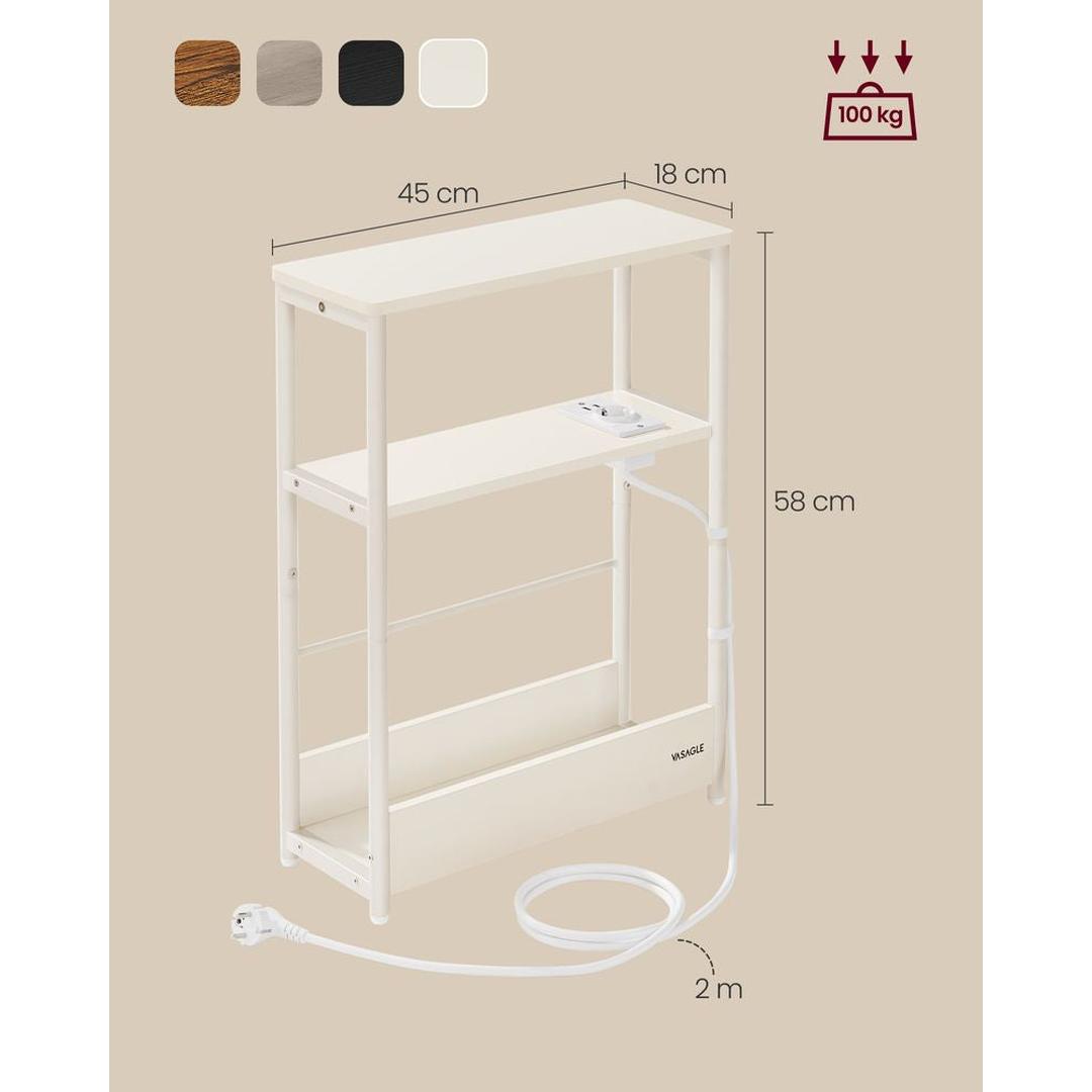 Smalle Bijzettafel met 3 Legplanken – Nachtkastje met Stopcontact en USB-poorten, 18 × 45 × 58 cm