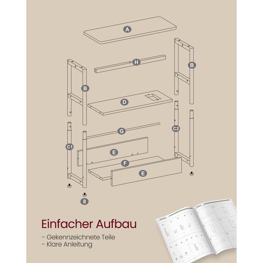 Smalle Bijzettafel met 3 Legplanken – Nachtkastje met Stopcontact en USB-poorten, 18 × 45 × 58 cm