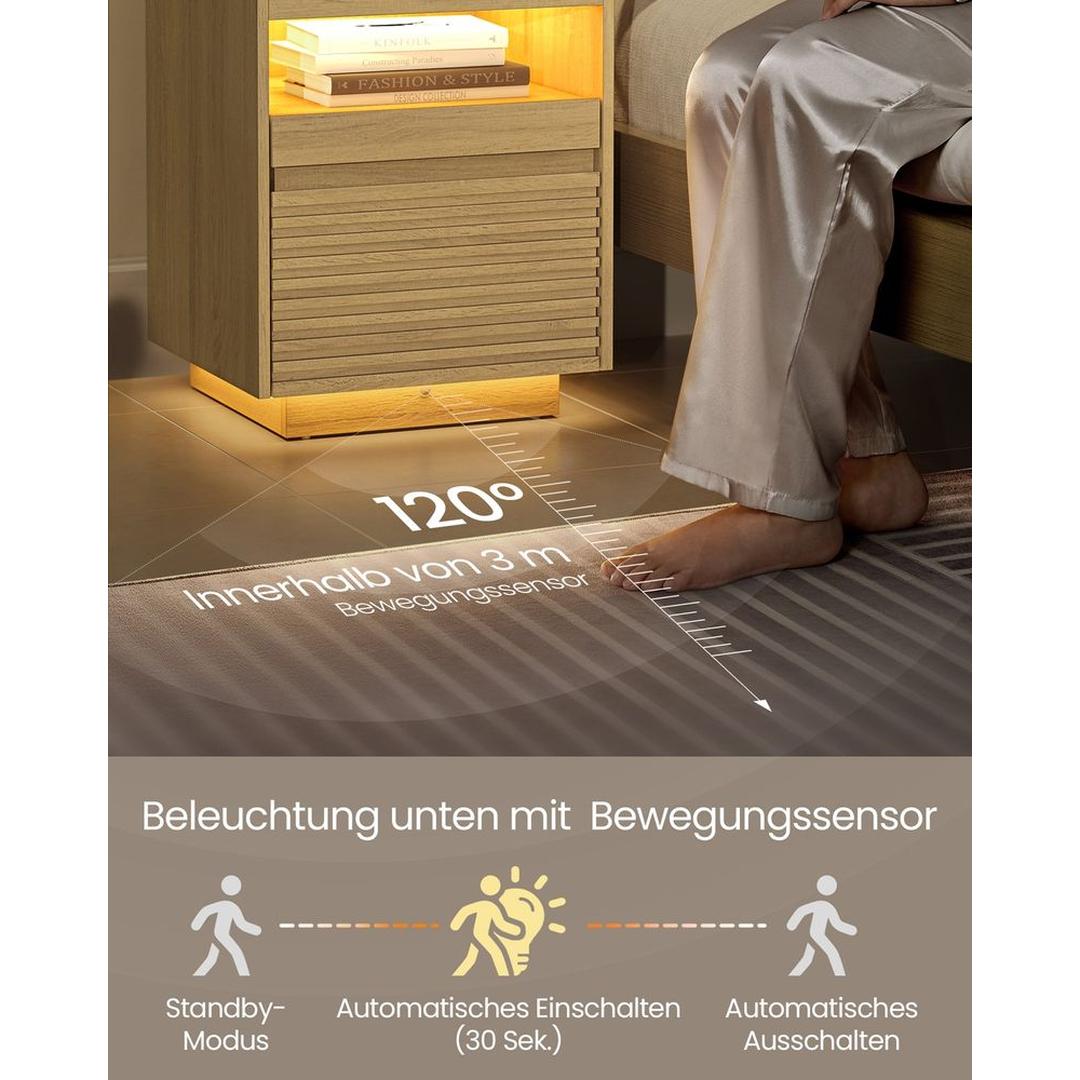 Nachtkastje met Lade en Verstelbare LED-verlichting – Bijzettafel met Sensorlicht en Uitschuifbare Plank