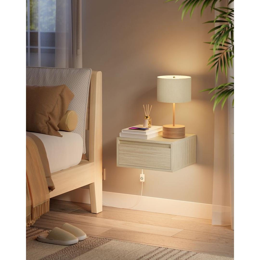 Hangend Nachtkastje met Verlichting in 3 Lichtkleuren – Wandgemonteerd Bedmeubel voor Slaapkamer