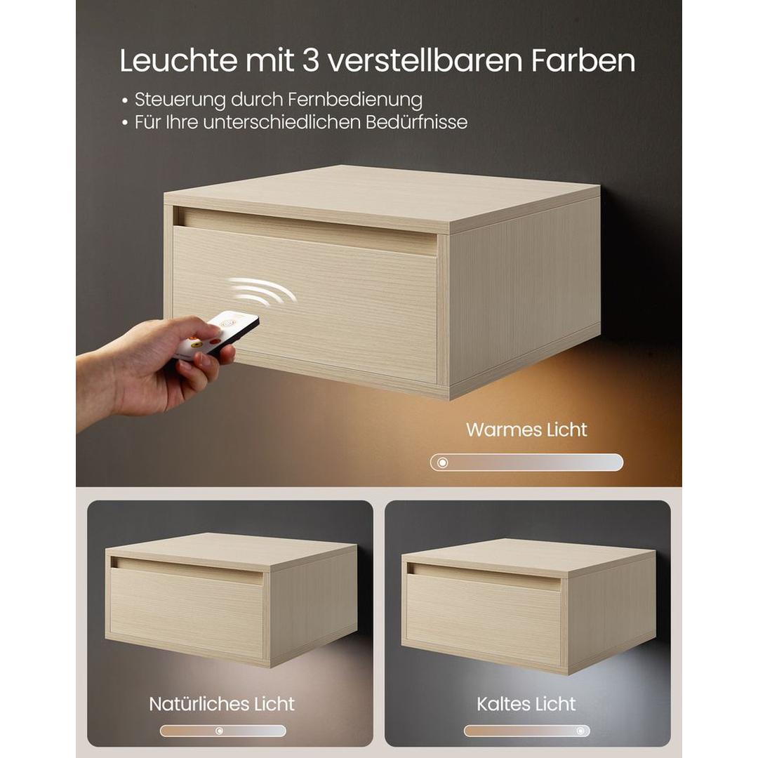Hangend Nachtkastje met Verlichting in 3 Lichtkleuren – Wandgemonteerd Bedmeubel voor Slaapkamer