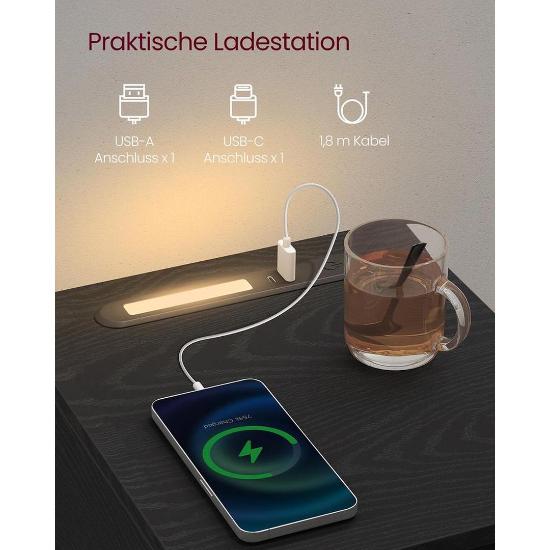 Compact Nachtkastje met LED-Verlichting en USB-A & USB-C Aansluitingen – Praktisch Bedmeubel met Oplaadfunctie