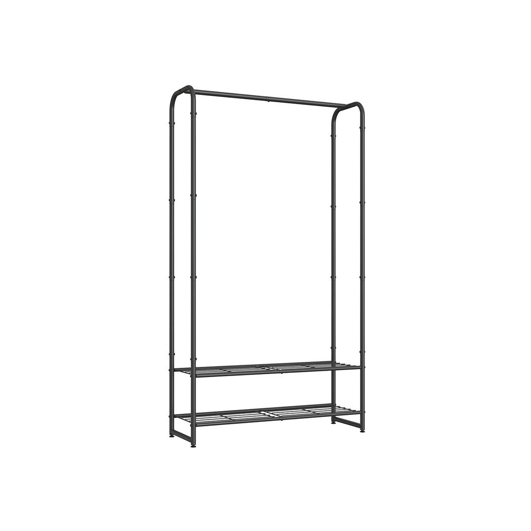 Kledingrek zwart metaal – open garderoberek – met legplanken en verstelbare voeten – 73 cm breed – 48 kg draagvermogen