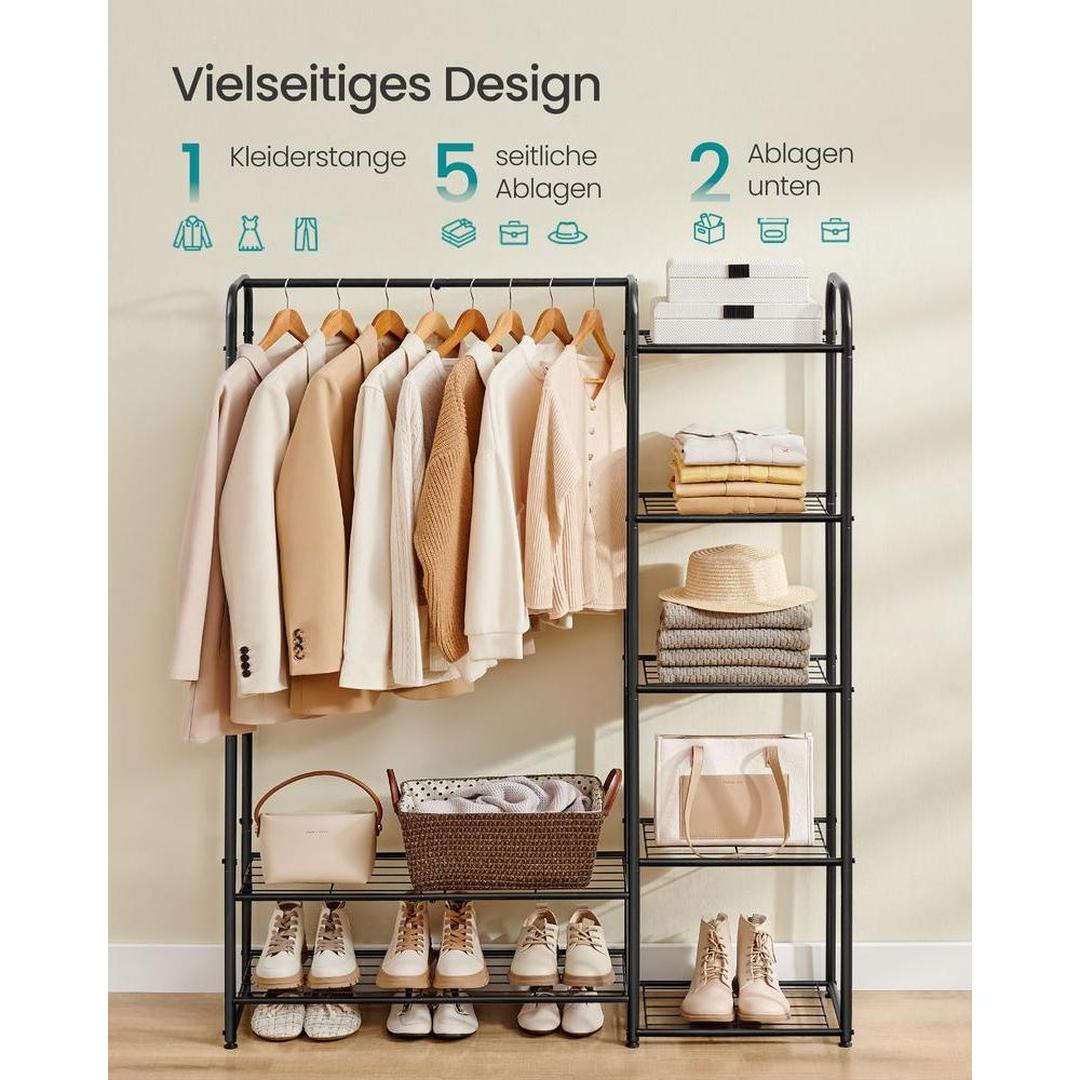 Kledingrek zwart metaal – open garderoberek – met legplanken en verstelbare voeten – 73 cm breed – 48 kg draagvermogen