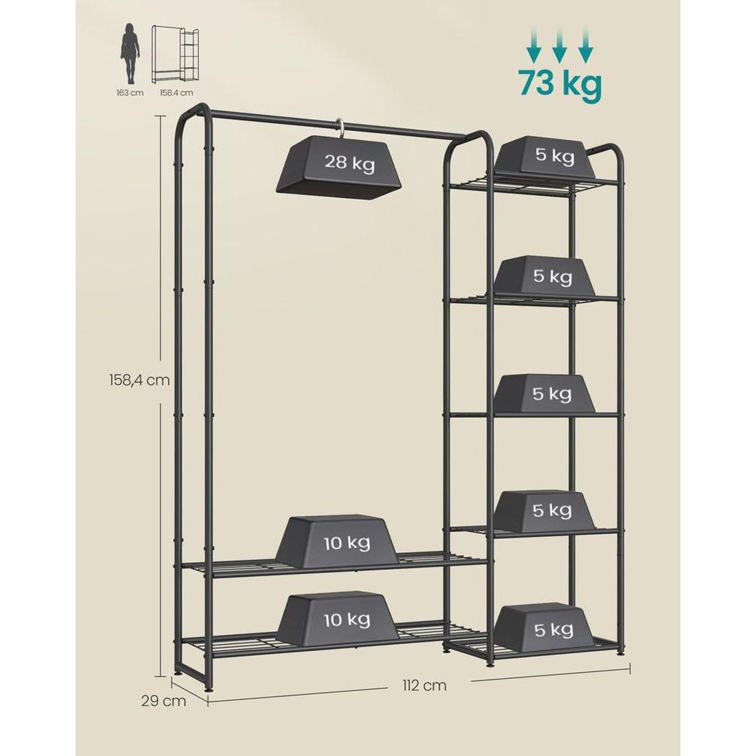 Kledingrek zwart metaal – open garderoberek – met legplanken en verstelbare voeten – 73 cm breed – 48 kg draagvermogen