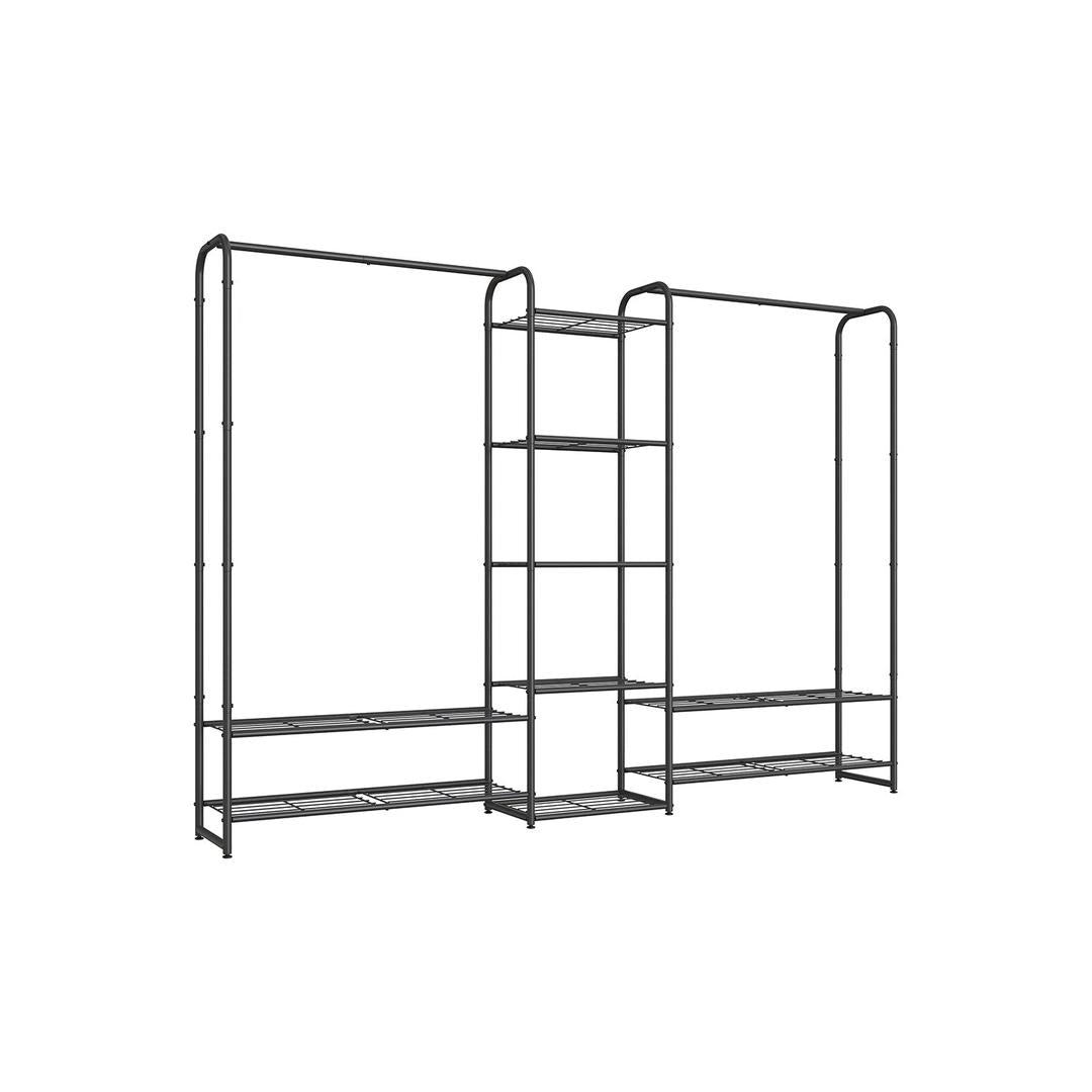 Kledingrek zwart metaal – open garderoberek – met legplanken en verstelbare voeten – 73 cm breed – 48 kg draagvermogen