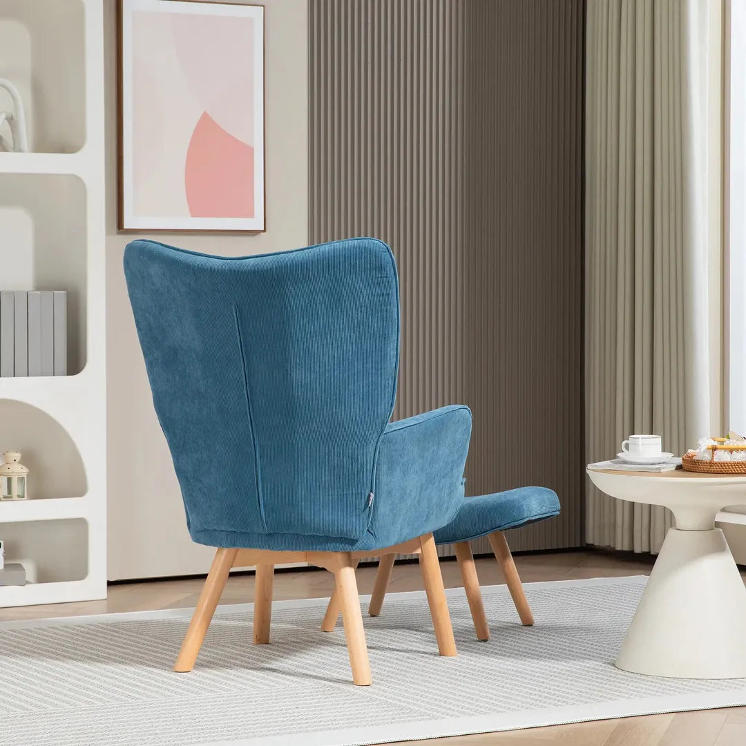 Fauteuil met Hocker – Relaxstoel in Cordstof met Armleuningen en Houten Poten, Grijs, voor Woonkamer