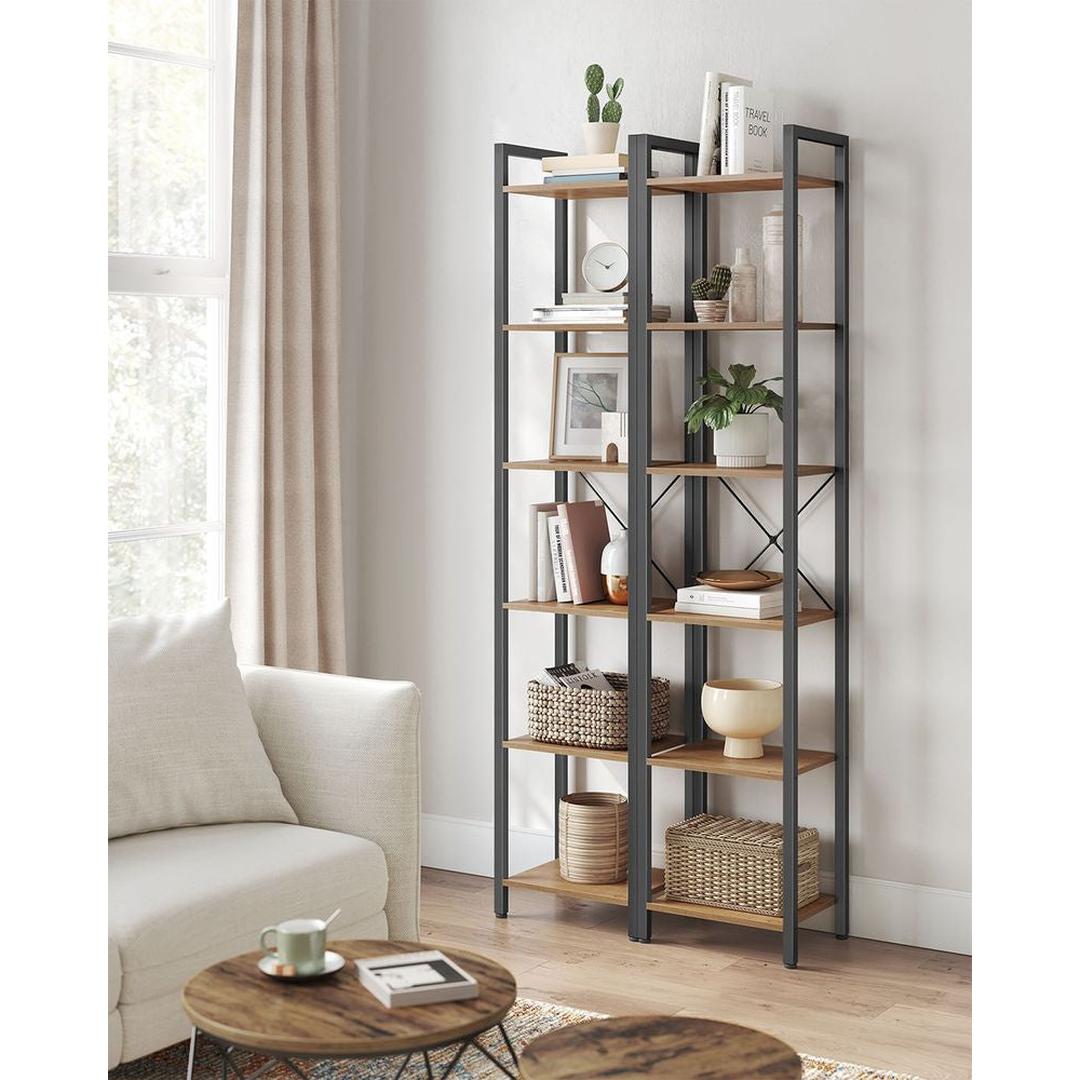 Boekenkast met 6 Legplanken – Industrieel Opbergrek van Staal en Spaanplaat, 30 × 40 × 187,5 cm