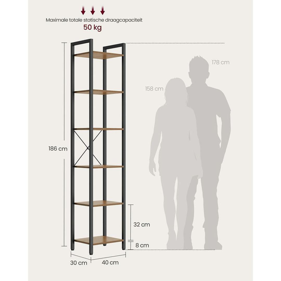 Boekenkast met 6 Legplanken – Industrieel Opbergrek van Staal en Spaanplaat, 30 × 40 × 187,5 cm