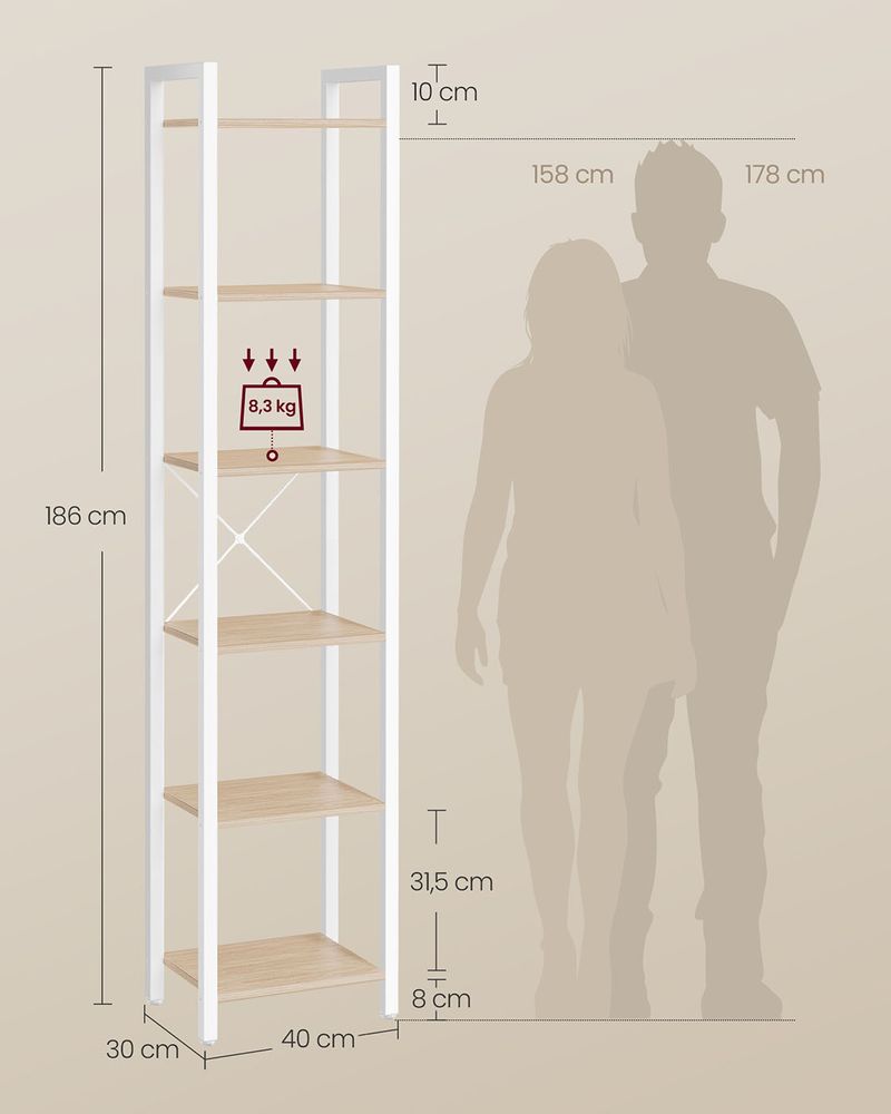 Boekenkast met 6 Legplanken en Handgrepen – Hoge Open Opbergkast voor Woonkamer, Kantoor of Slaapkamer