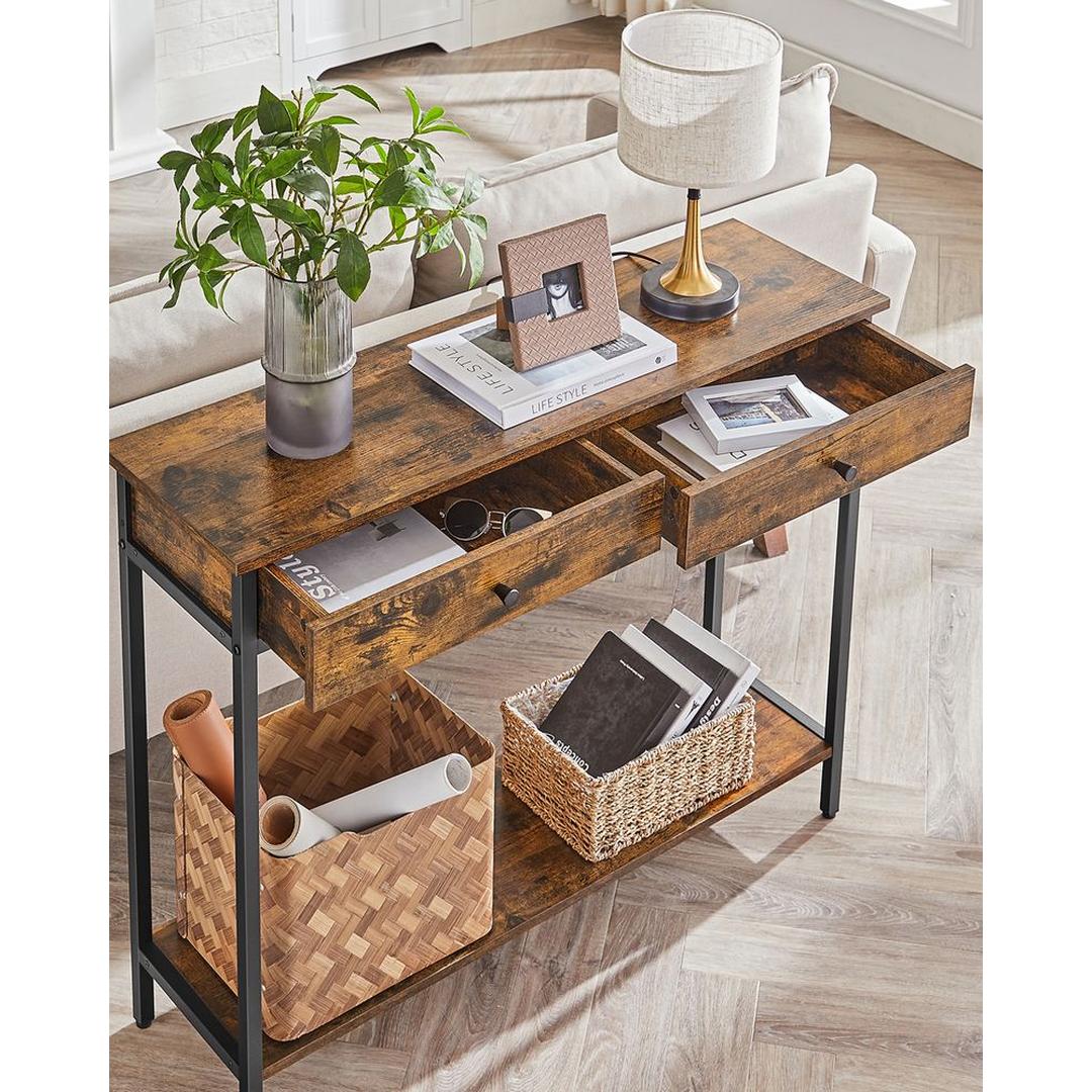Smalle Sidetable met 2 Lades en Stalen Frame – Vintagebruin met Zwart Onderstel – Praktische Haltafel