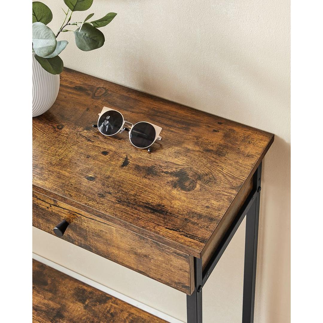 Smalle Sidetable met 2 Lades en Stalen Frame – Vintagebruin met Zwart Onderstel – Praktische Haltafel