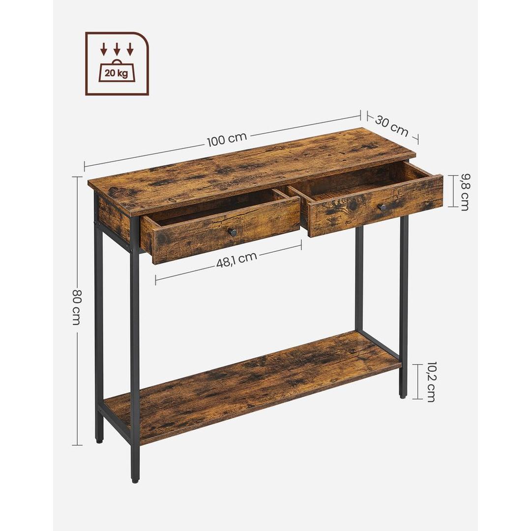 Smalle Sidetable met 2 Lades en Stalen Frame – Vintagebruin met Zwart Onderstel – Praktische Haltafel