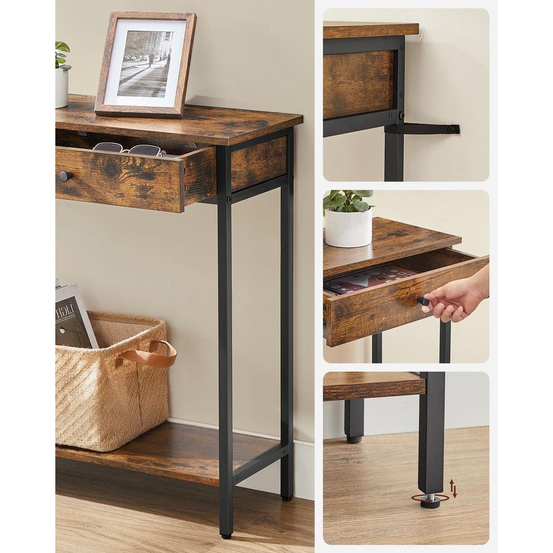 Consoletafel met 2 Lades en Stalen Frame – Industriële Entreetafel van Spaanplaat in Vintage Bruin-Zwart