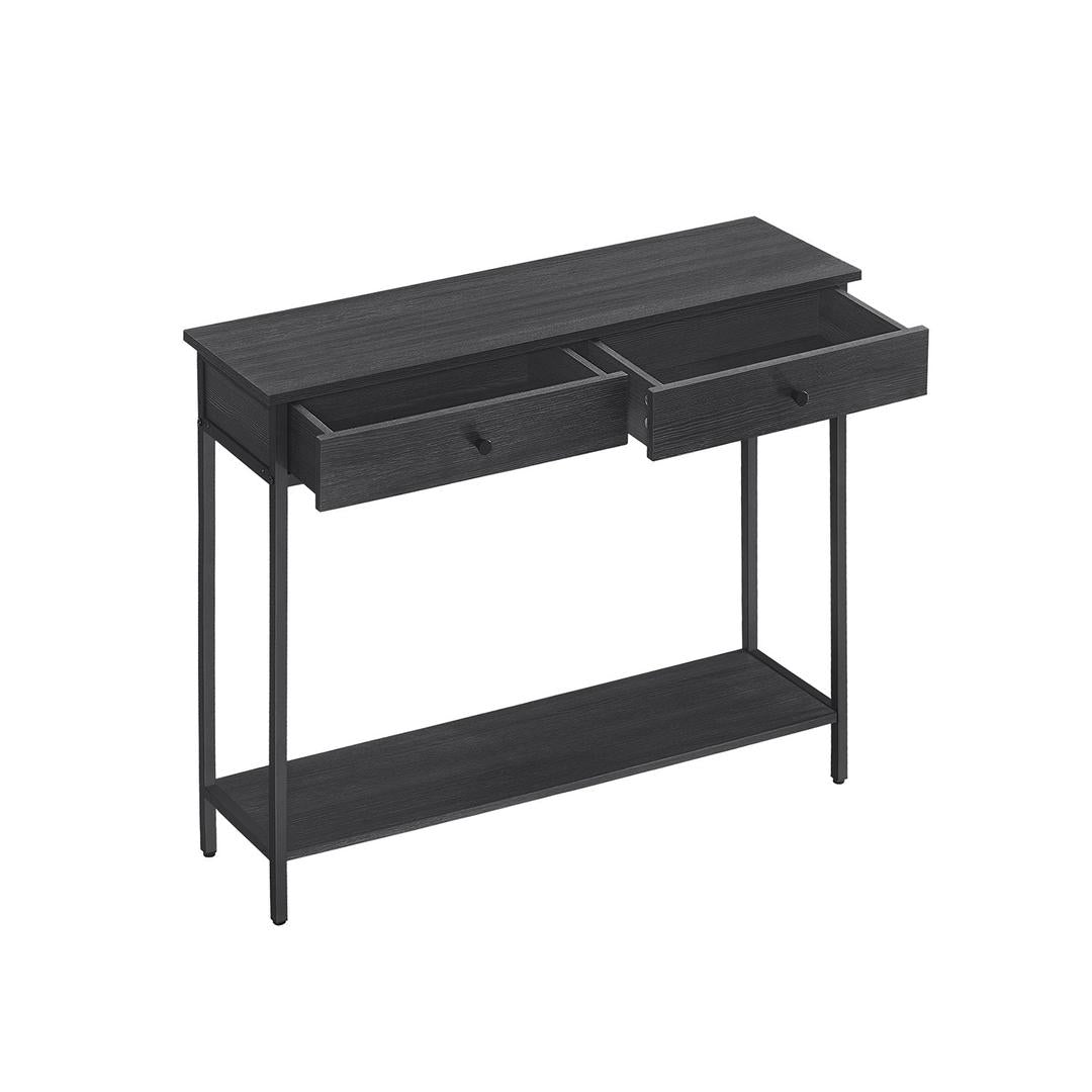 Smalle Sidetable met 2 Lades en Stalen Frame – Vintagebruin met Zwart Onderstel – Praktische Haltafel