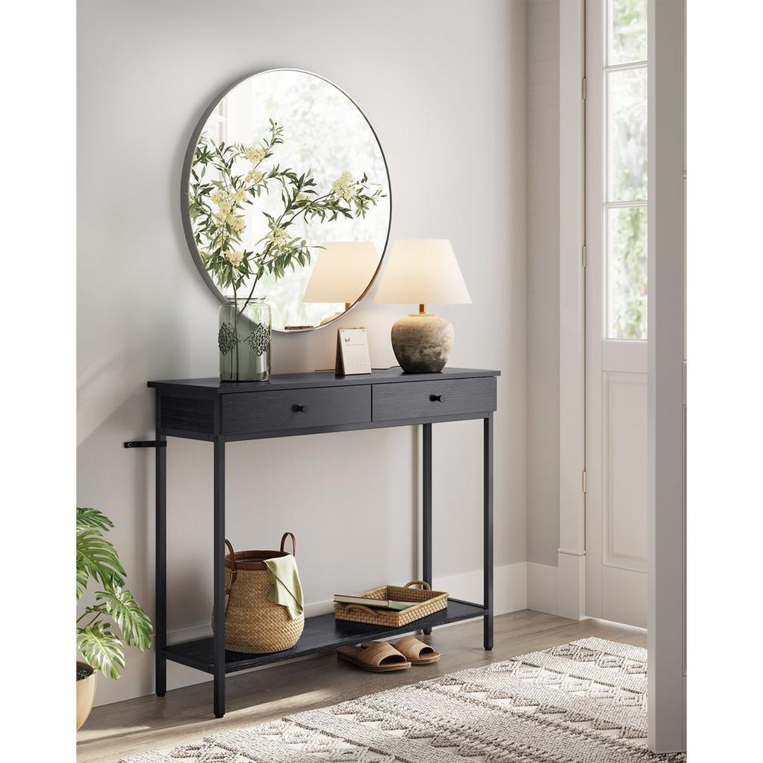 Smalle Sidetable met 2 Lades en Stalen Frame – Vintagebruin met Zwart Onderstel – Praktische Haltafel